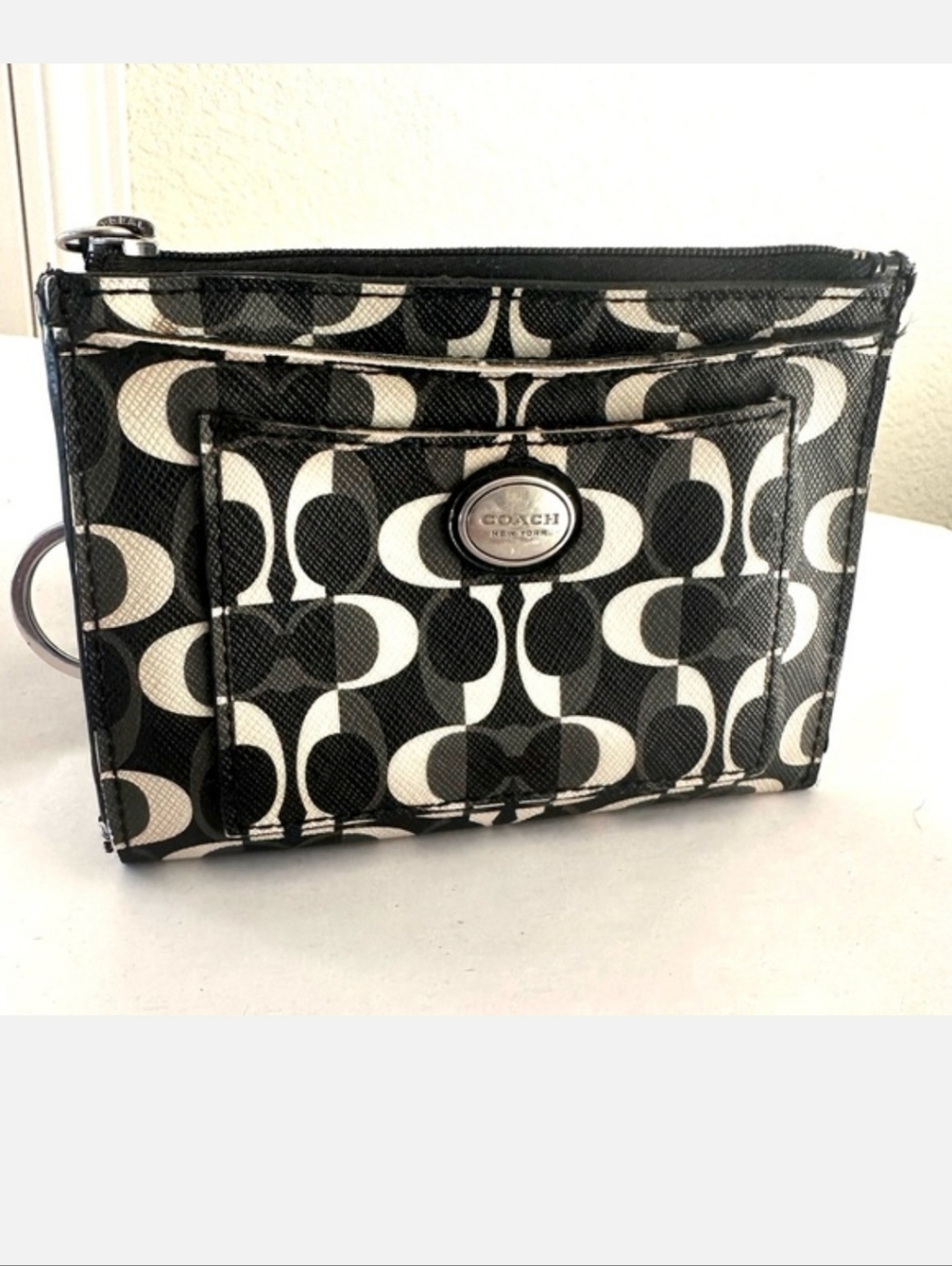 Coach Peyton Dream C Signature Medium Skinny Key Ring Wallet Black White NEW Tag